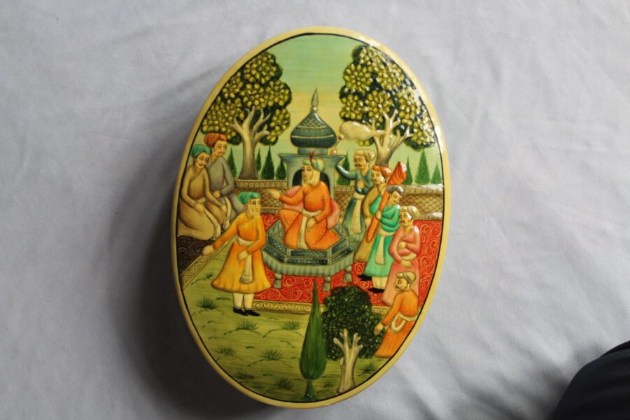 Hand painted Mughal art papier mache box with royal court scene and embossed lacquer finish