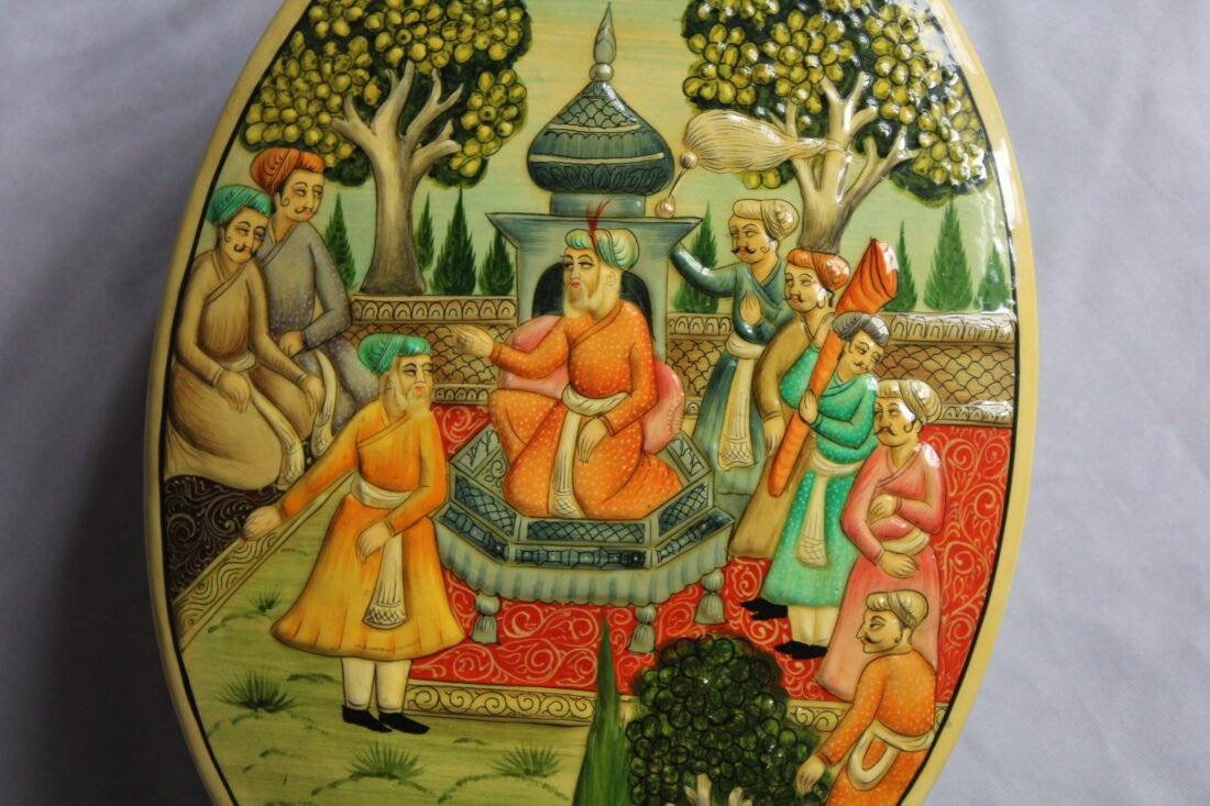 Hand painted Mughal art papier mache box with royal court scene and embossed lacquer finish