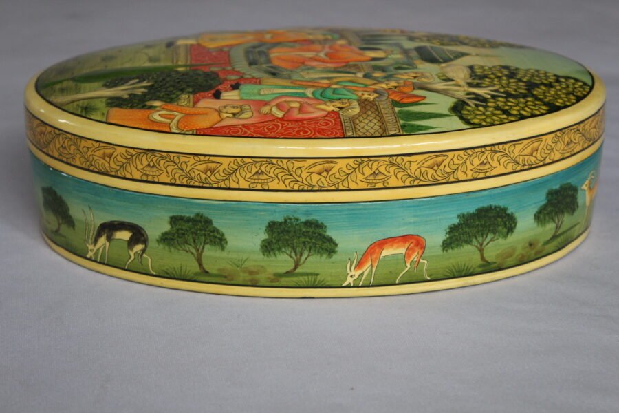 Hand painted Mughal art papier mache box with royal court scene and embossed lacquer finish