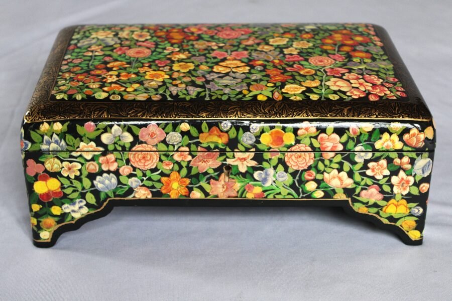 floral papier mache jewelry box, Hand painted floral papier mache wooden jewelry box with brass lock and velvet interior