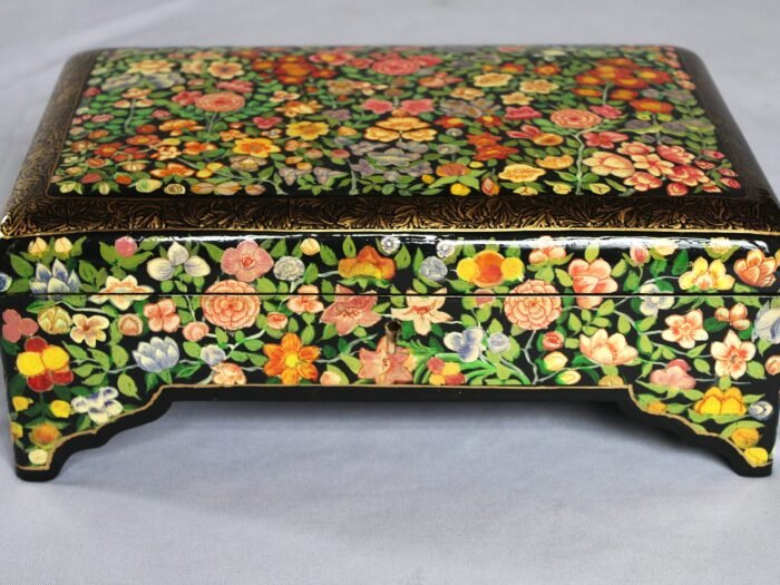 floral papier mache jewelry box, Hand painted floral papier mache wooden jewelry box with brass lock and velvet interior