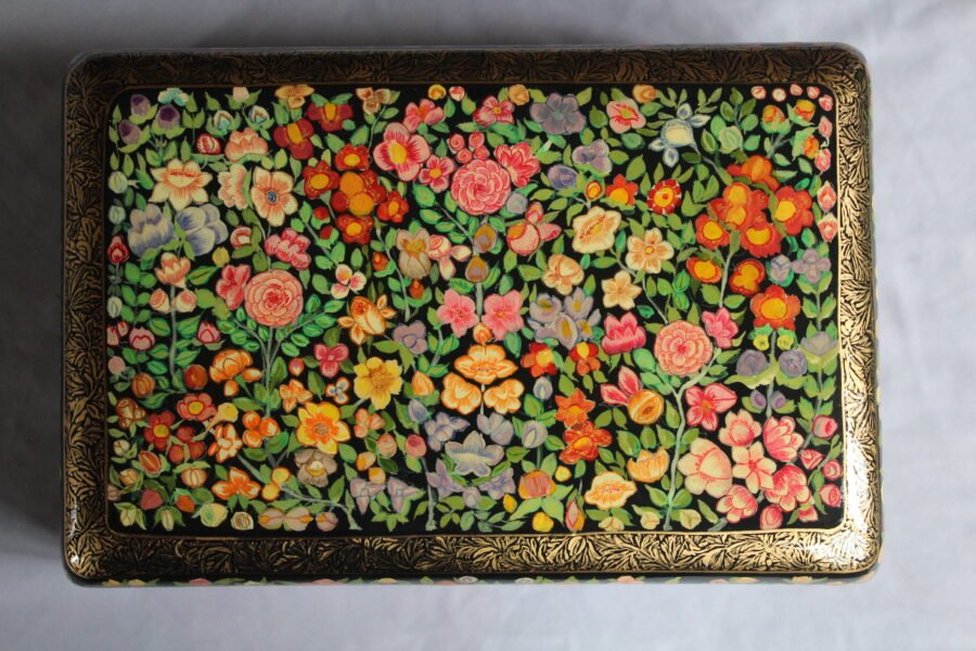 Hand painted floral papier mache wooden jewelry box with brass lock and velvet interior