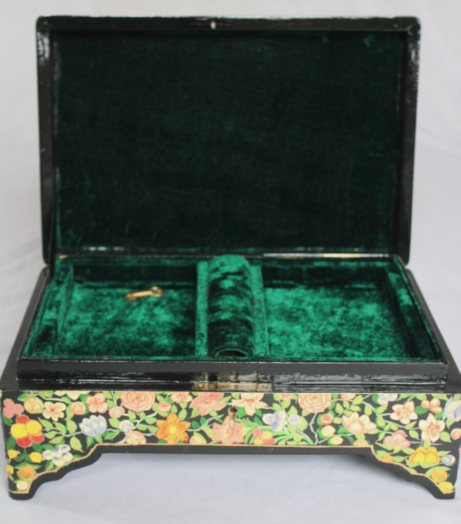 Hand painted floral papier mache wooden jewelry box with brass lock and velvet interior