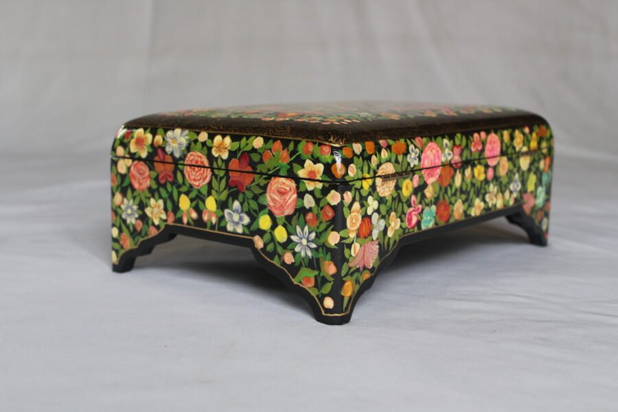 Hand painted floral papier mache wooden jewelry box with brass lock and velvet interior