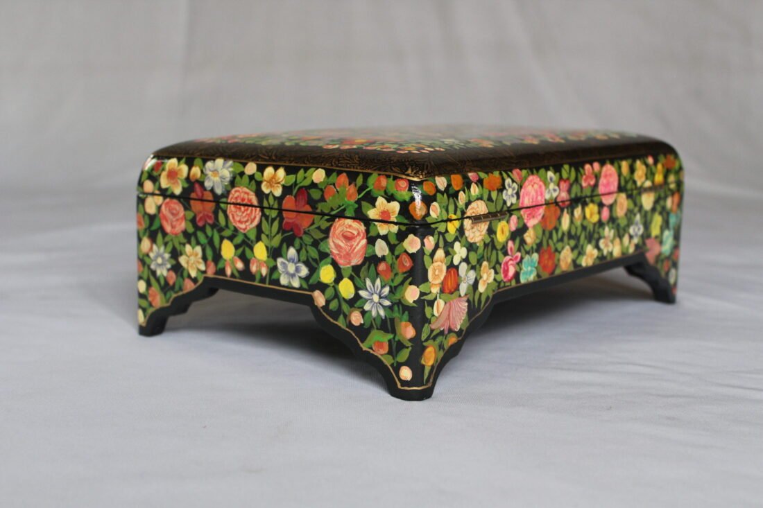 Hand painted floral papier mache wooden jewelry box with brass lock and velvet interior