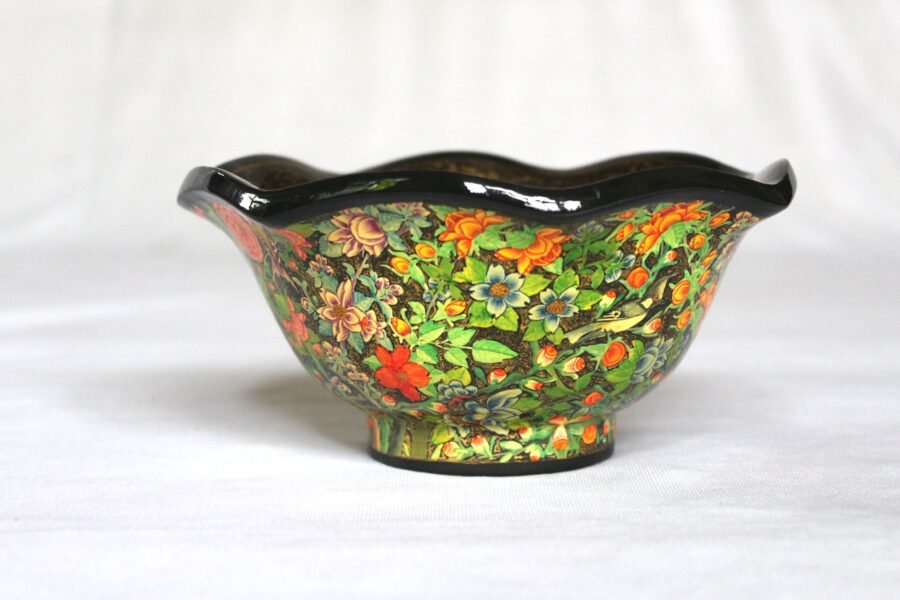 Hand painted Shabe Gul e Wilayat papier mache bowl with floral design and gold detailing