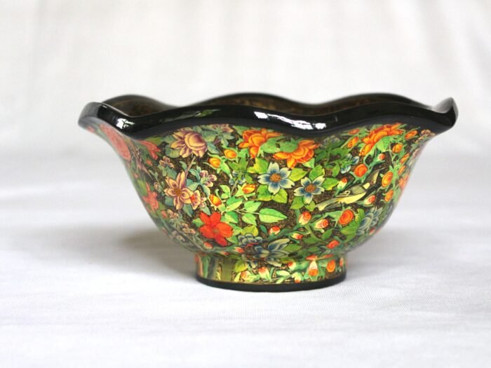Hand painted Shabe Gul e Wilayat papier mache bowl with floral design and gold detailing