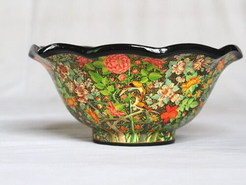 hand painted shabe gul e wilayat bowl,8 inch hand painted Shabe Gul e Wilayat papier mache bowl with floral and bird design