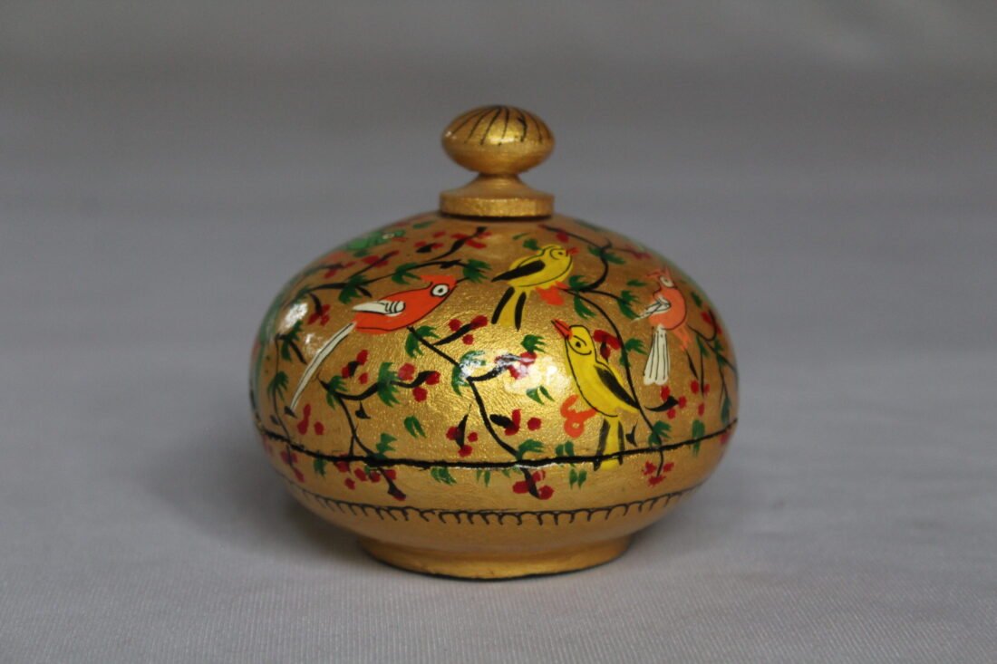 Golden round papier mache box