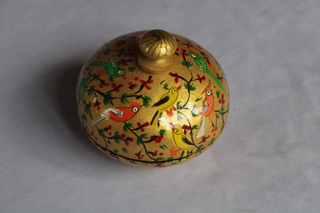 Golden round papier mache box