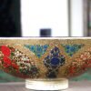 Hand painted Kashmiri papier mache bowl with floral design and blue gold interior