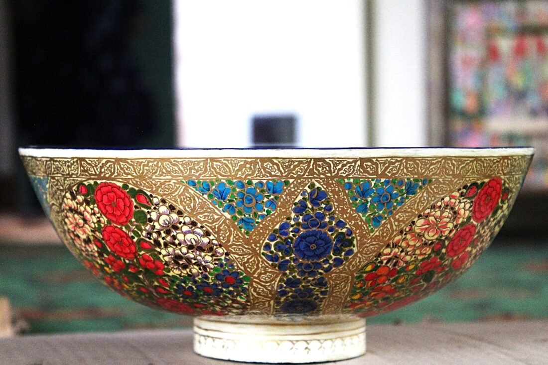 Hand painted Kashmiri papier mache bowl with floral design and blue gold interior