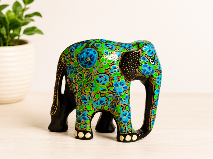 Handcrafted Blue Floral Papier-Mâché Elephant Showpiece – Wooden Decorative Art Figurine (4.5 x 4 x 2 Inches)