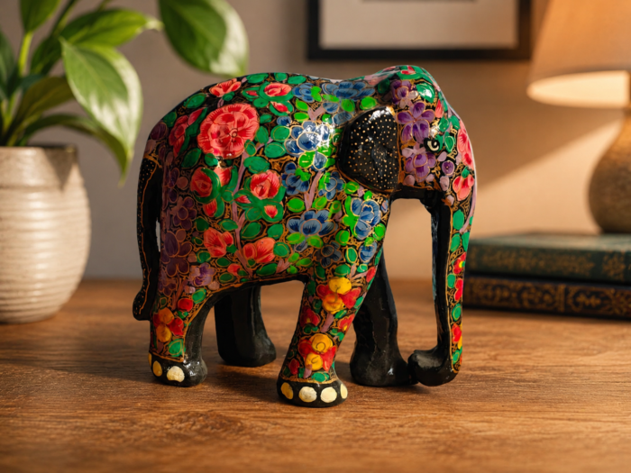 Handcrafted Floral Papier-Mâché Elephant Figurine – Kashmiri Decorative Collectible (5.5 x 5 x 2.5 Inches)