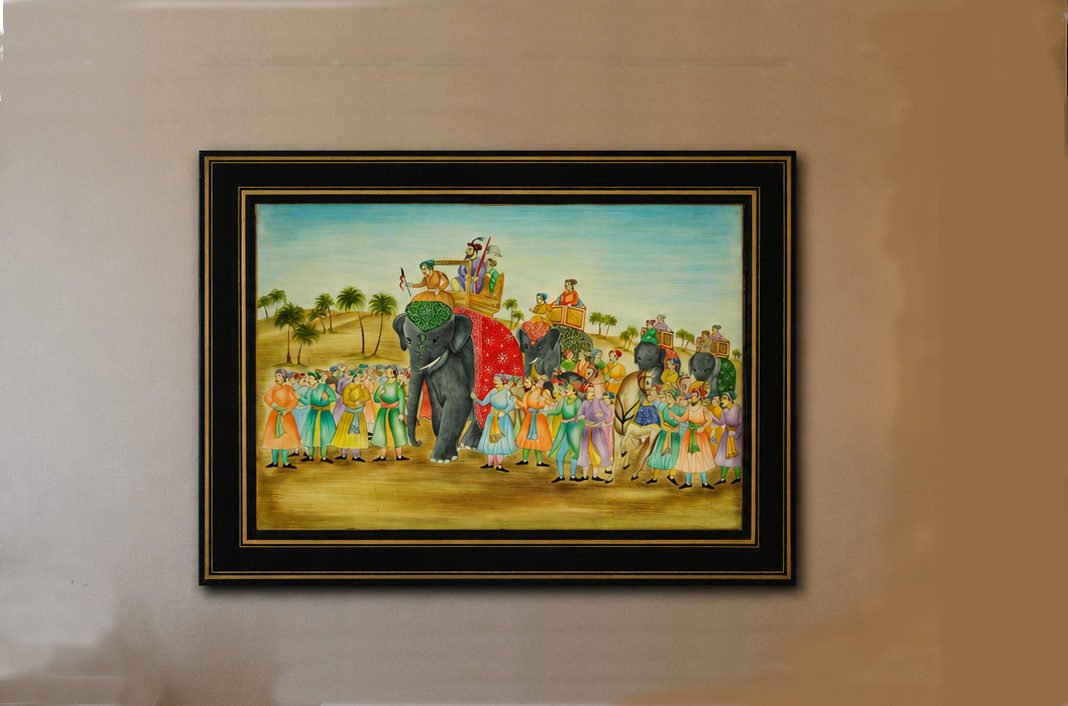 Imperial Elephant Procession Mughal Hand Painting Kashmir