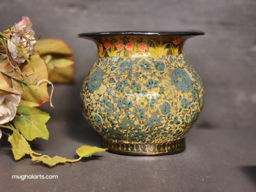 Gold
Painted Flower Vase - Handmade Paper Mache Painted in Kashmir India, Perfect
for Housewarming and Vintage Decor (1990s)
