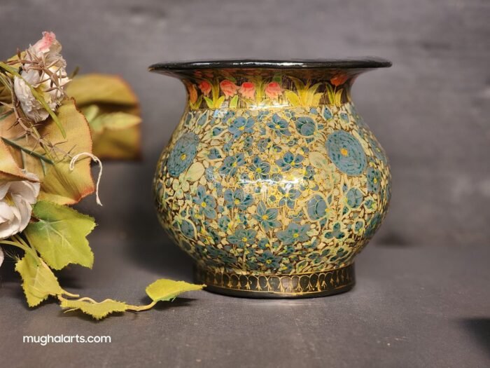 Gold
Painted Flower Vase - Handmade Paper Mache Painted in Kashmir India, Perfect
for Housewarming and Vintage Decor (1990s)