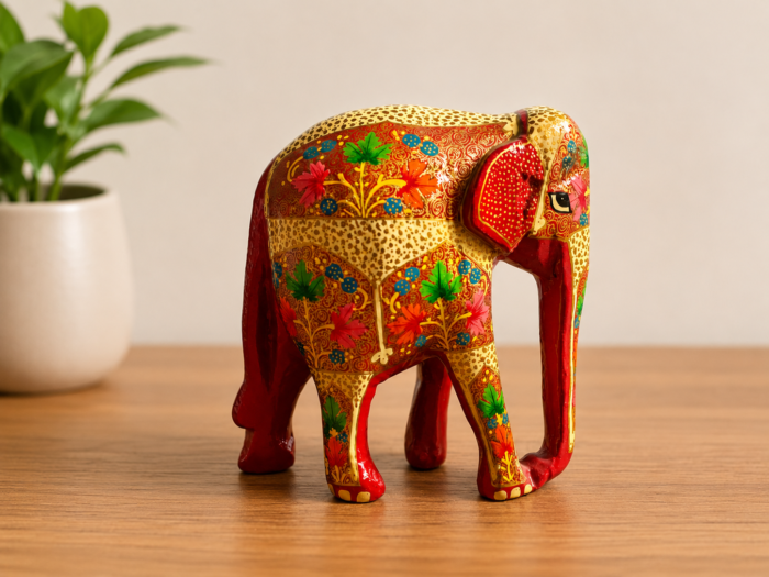 Handcrafted red elephant figurine – Traditional Kashmiri Decorative Showpiece (5.5 x 5 x 2.5 Inches)