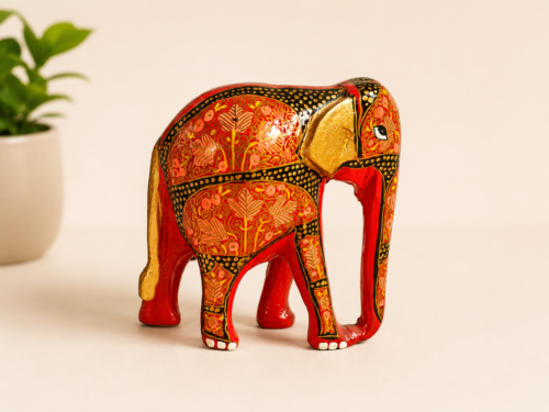 Decorative Elephant Figurine with Intricate Details – Handcrafted Lacquered Wooden Art Showpiece (5.5 x 5 x 2.5 Inches)