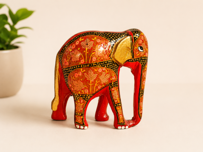 Decorative Elephant Figurine with Intricate Details – Handcrafted Lacquered Wooden Art Showpiece (5.5 x 5 x 2.5 Inches)