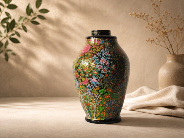 Handcrafted Kashmiri floral paper mache lamp base with intricate multicolor artwork